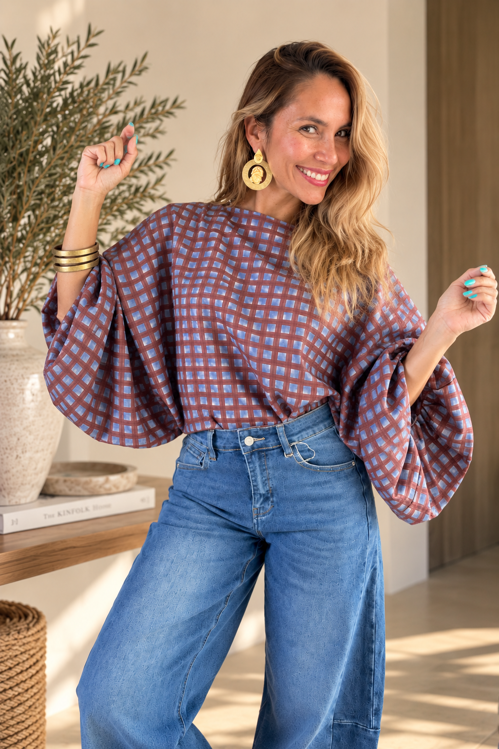 π Burgundy & Blue Check Balloon Sleeve Top