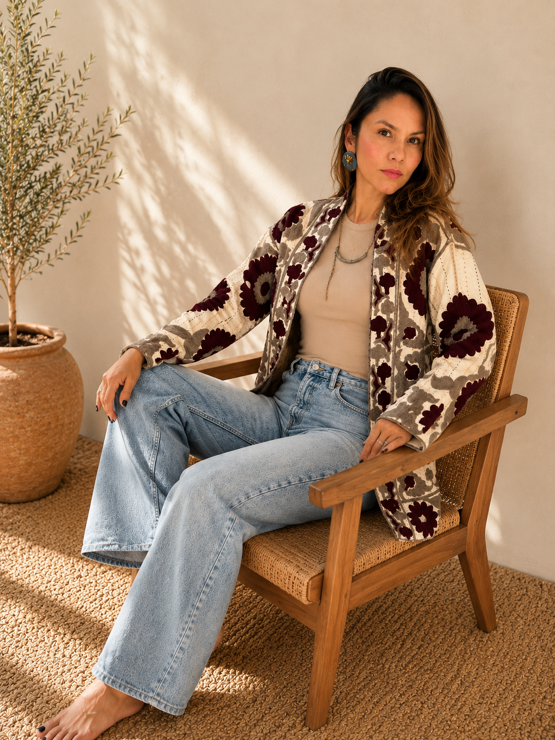 Burgundy Blossom Belted Jacket
