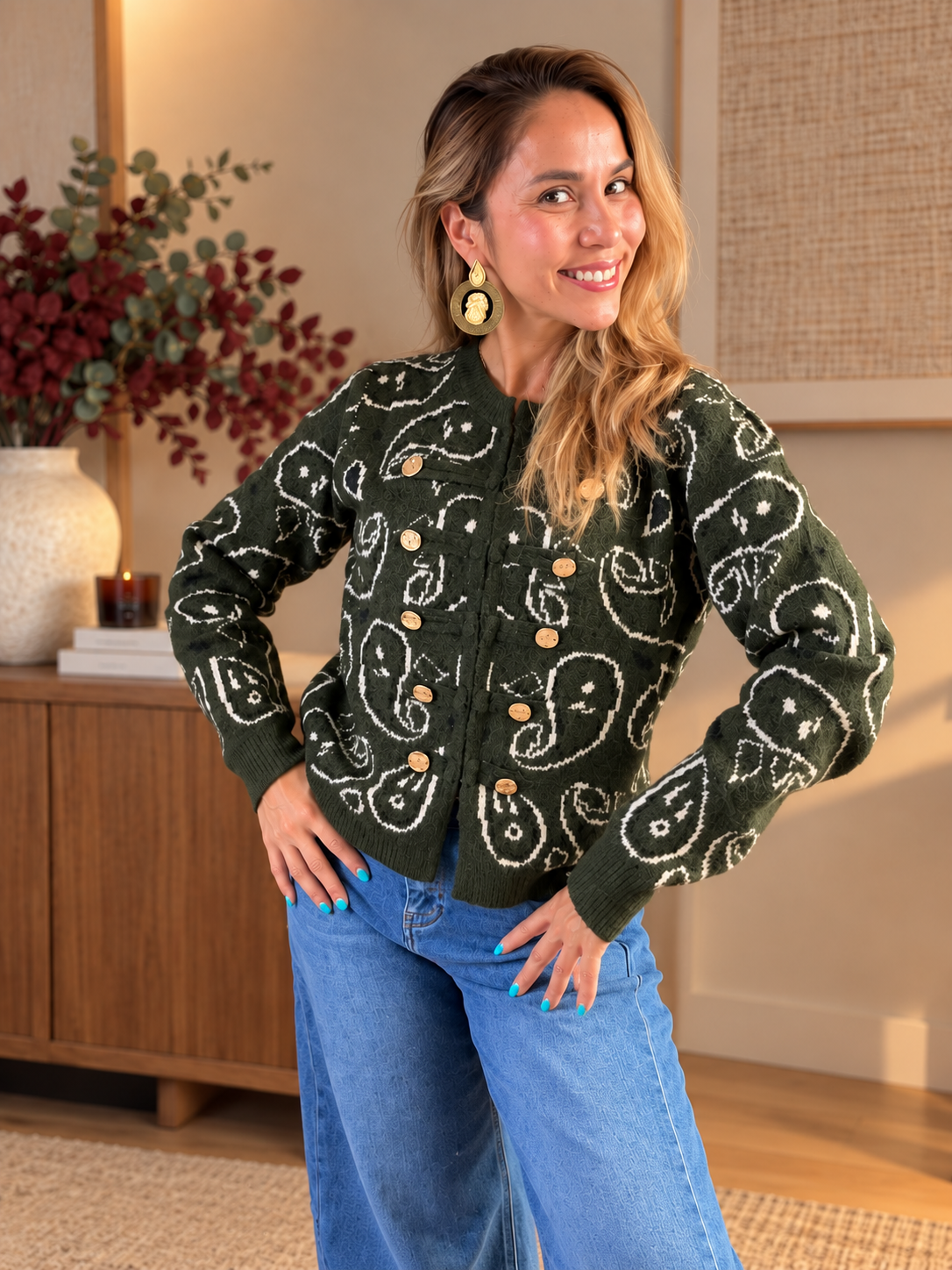 Bandana Knit Cardigan - Forest Green