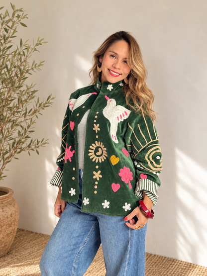 Emerald Hummingbird Hand-Embroidered Velvet Jacket
