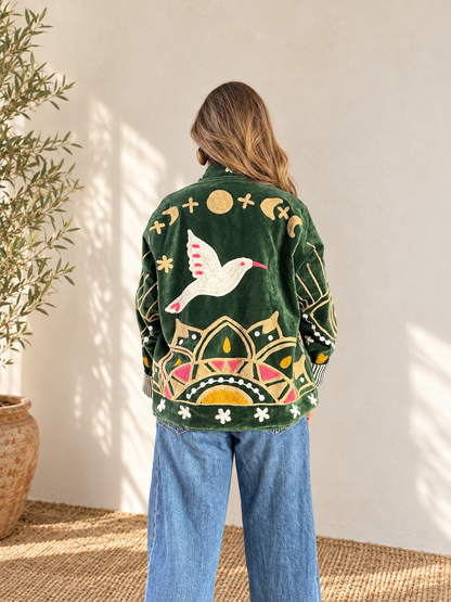 Emerald Hummingbird Hand-Embroidered Velvet Jacket