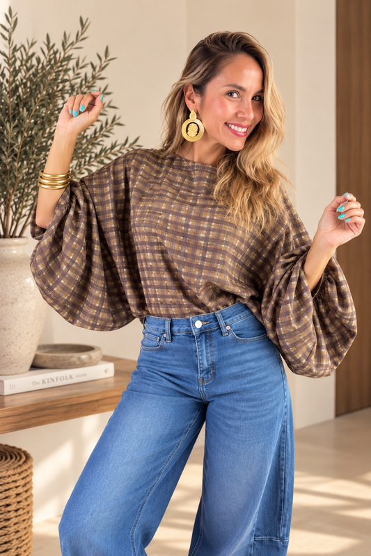 🤎 Mocha Check Balloon Sleeve Top
