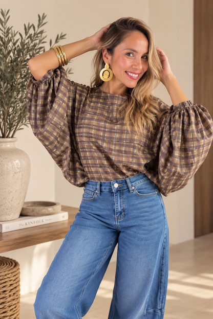 🤎 Mocha Check Balloon Sleeve Top