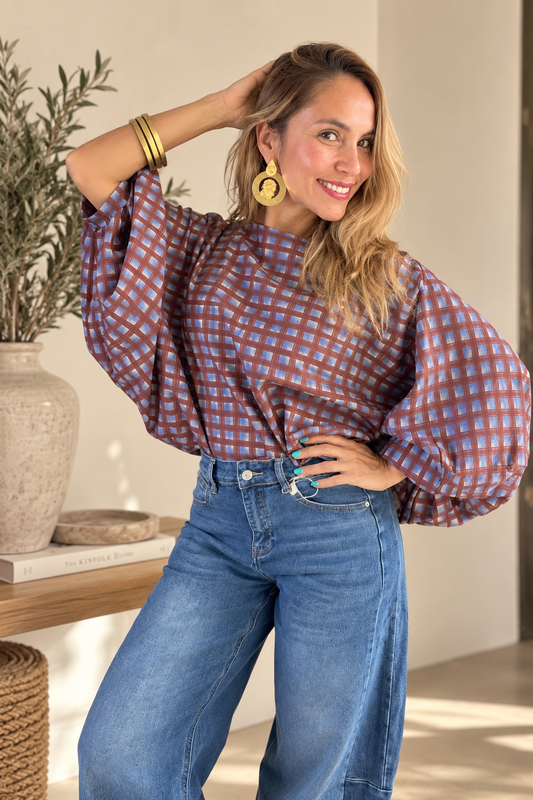 💙 Burgundy & Blue Check Balloon Sleeve Top