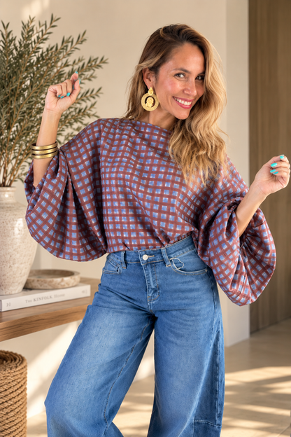 💙 Burgundy & Blue Check Balloon Sleeve Top
