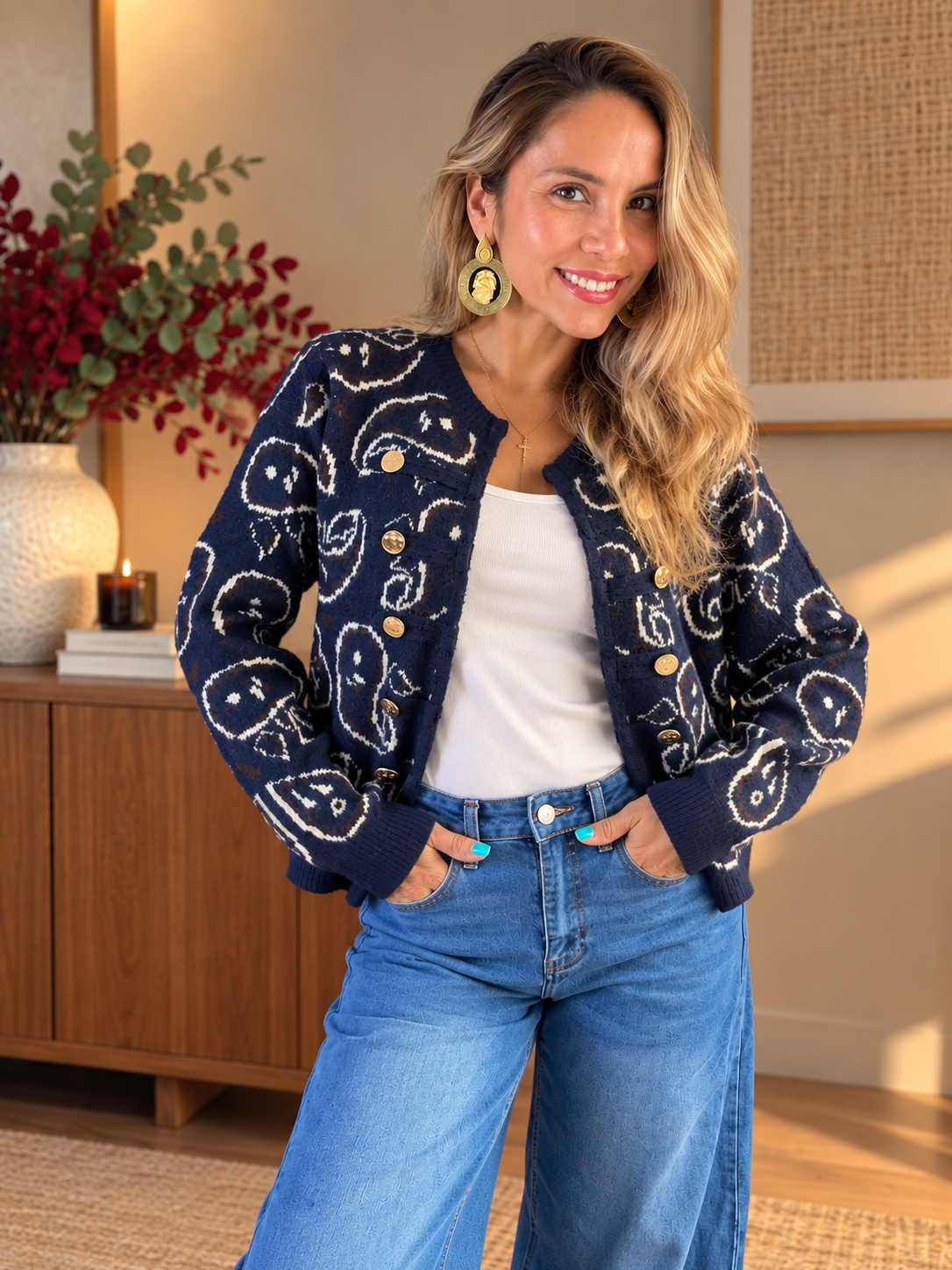 Bandana Knit Cardigan - Navy Blue