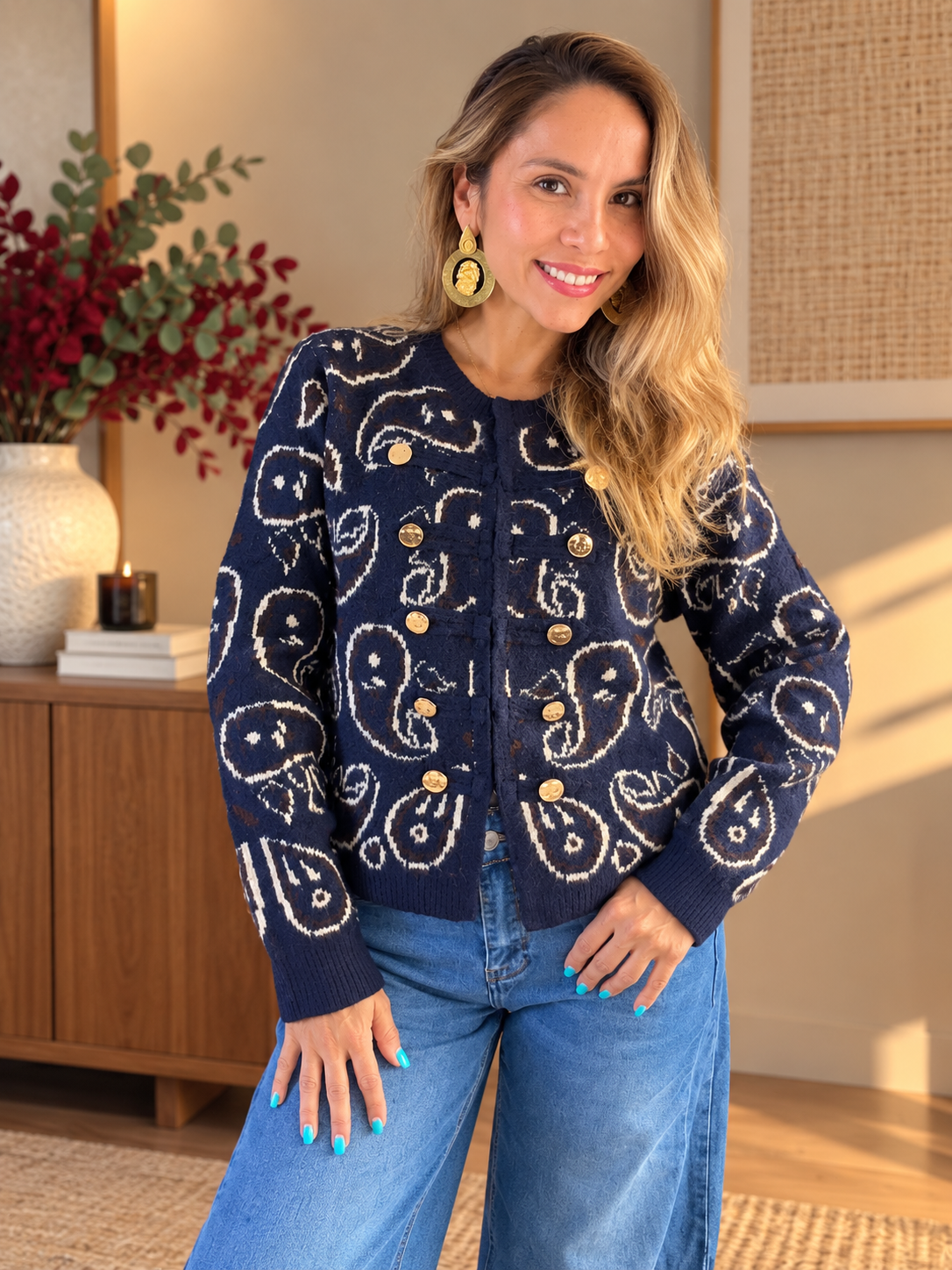 Bandana Knit Cardigan - Navy Blue
