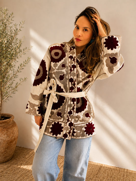 Burgundy Blossom Belted Jacket