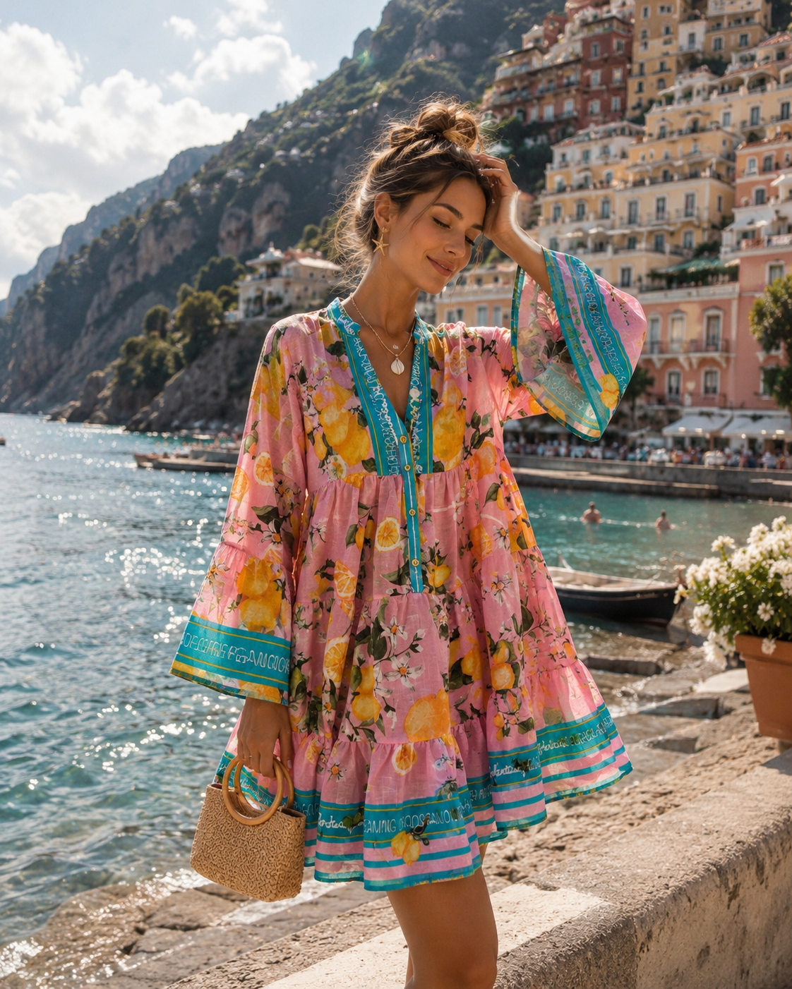 Amalfi Lemon Blossom  Pink Mini Dress