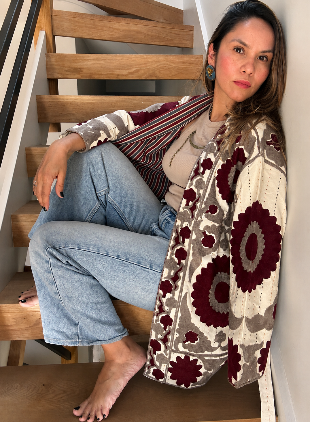 Burgundy Blossom Belted Jacket