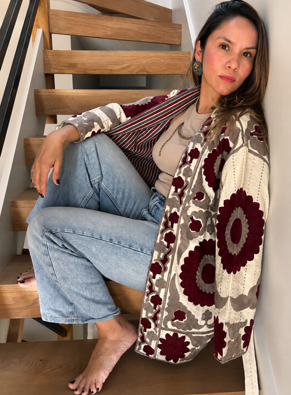 Burgundy Blossom Belted Jacket